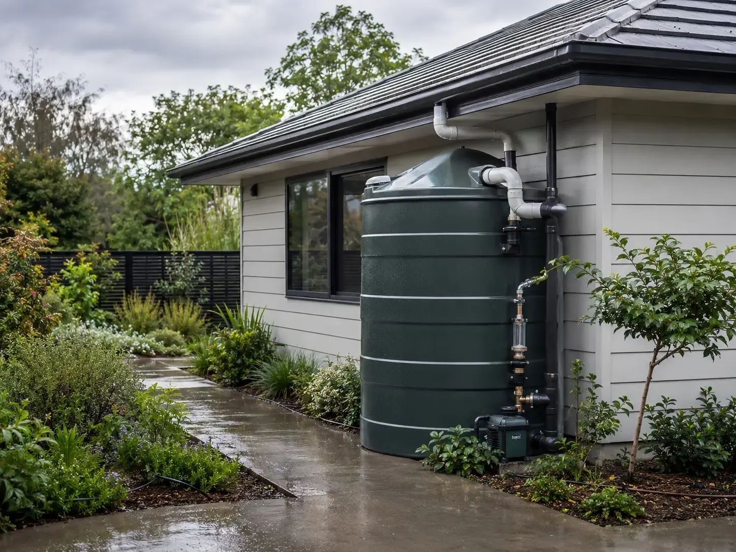 Dark green rainwater tank connected to a home’s roof gutters beside a garden.